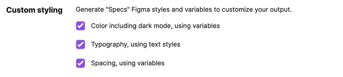 The plugin's Custom Styling settings, with checkboxes for Color including dark mode, Typography, and Spacing