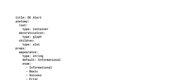 A Data section on the Figma canvas, showing an Alert component's spec serialized as a YAML text block with title, anatomy, and props fields