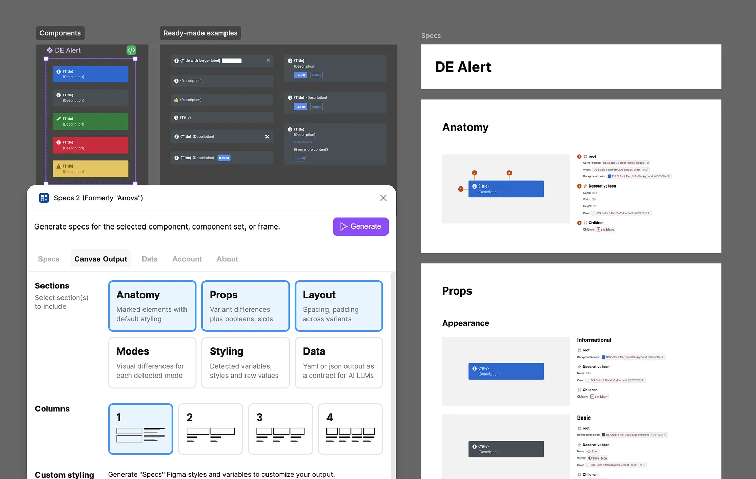 The Specs plugin in Figma, showing the Components and Ready-made examples panels alongside a generated DE Alert spec with Anatomy and Props sections