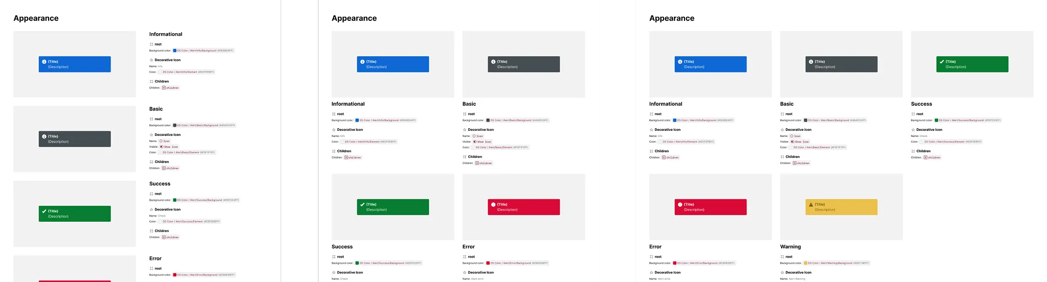The same Alert component's Appearance section shown in 1, 2, and 3-column layouts side by side