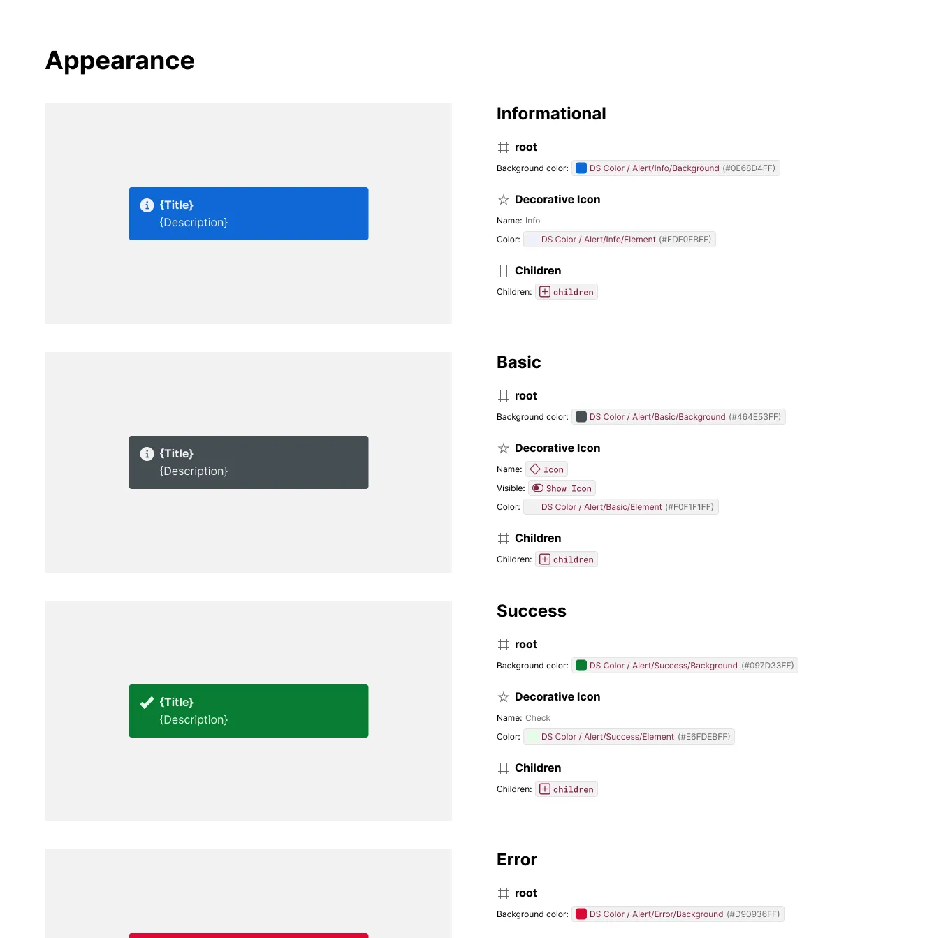 An Alert component's Appearance section in single-column mode: Informational, Basic, Success, and Error exhibits stacked vertically, each with artwork on the left and its content list on the right
