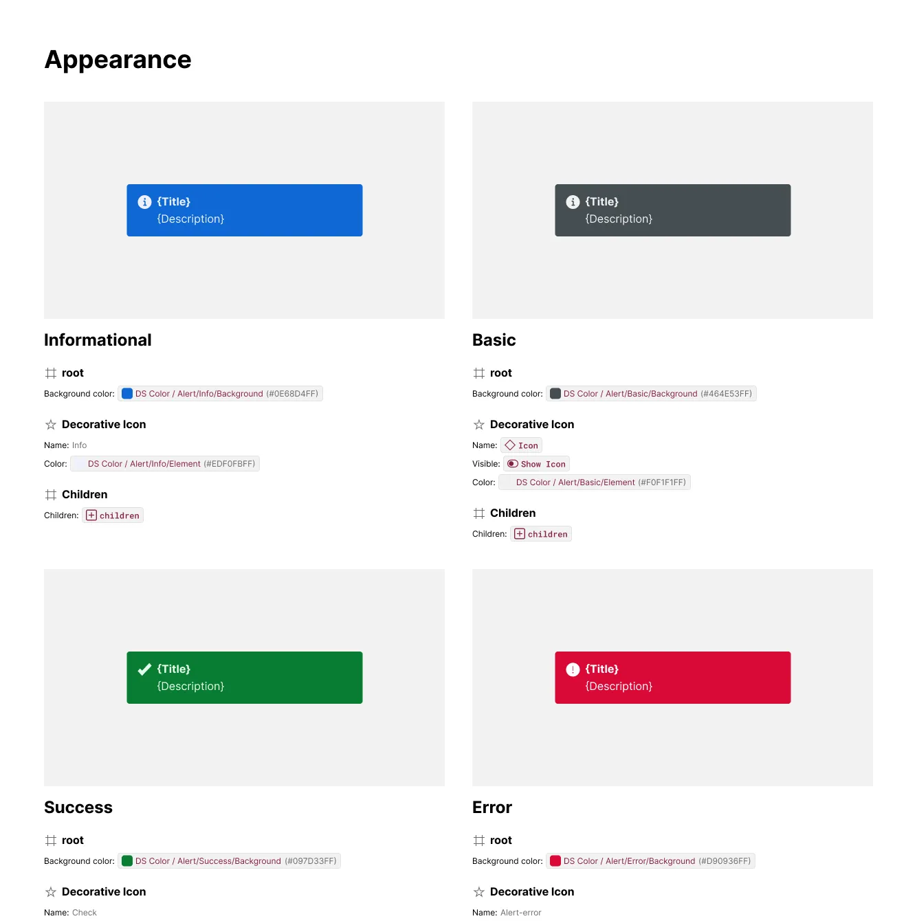 The same Alert component's Appearance section set to 2 columns: Informational and Basic exhibits side by side in the first row, Success and Error wrapping to the second row, each with artwork stacked above its content